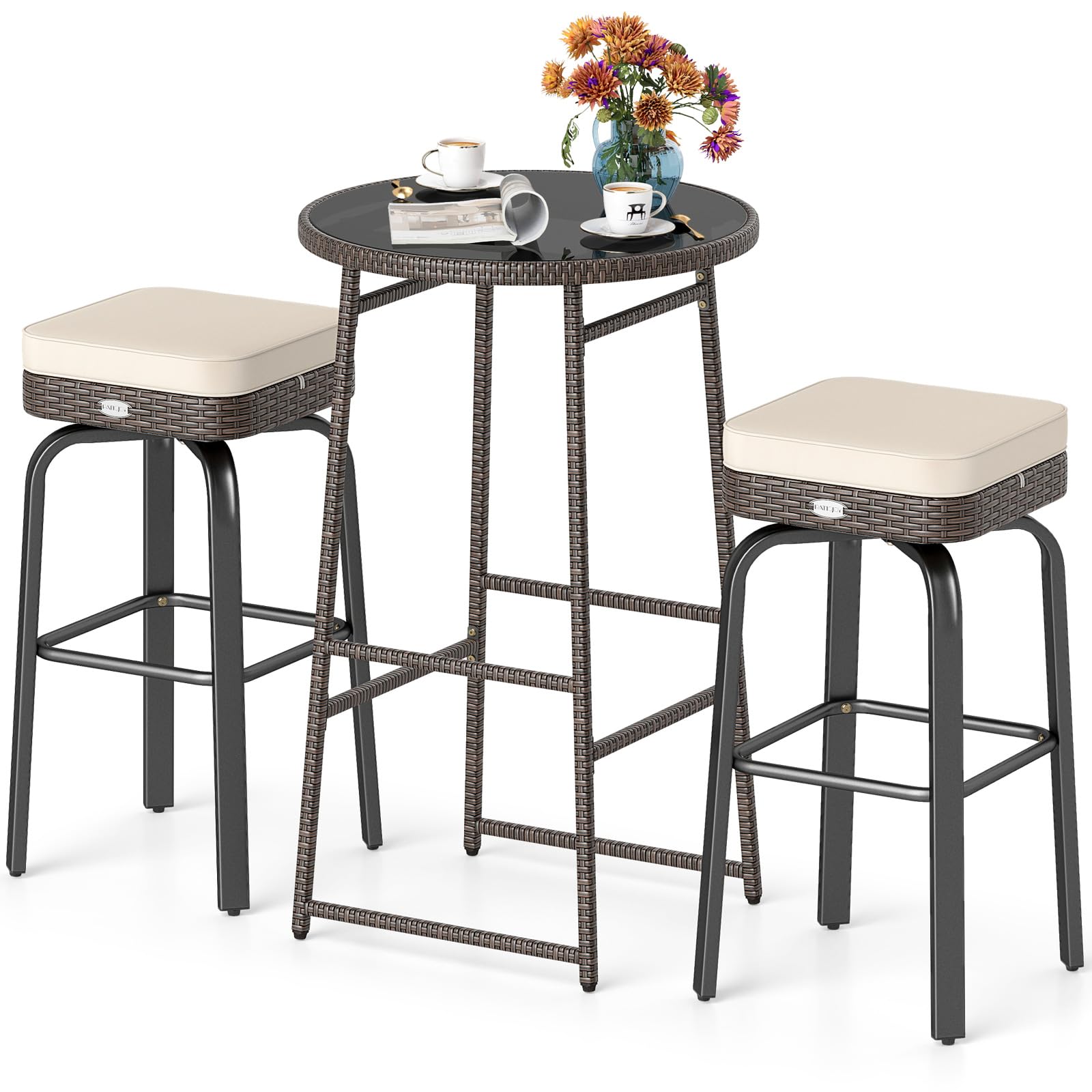Tangkula 3 Pieces Outdoor Swivel Bar Set with 2 Cushioned Stools